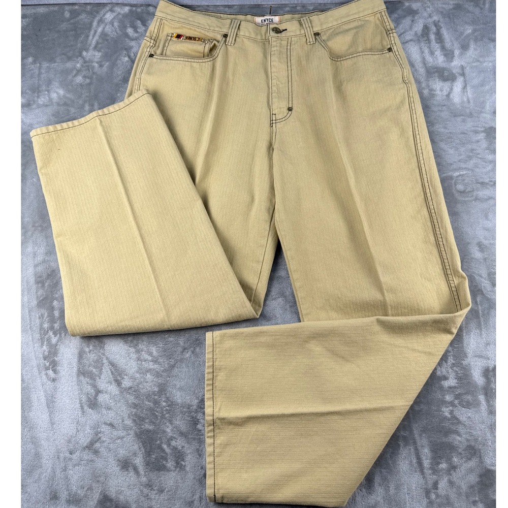 Enyce Jeans Mens 38 Baggy Wide Leg Khaki Tan Herringbone Contrast Stitch EUC